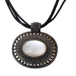 Oval White Cabochon Pendant Necklace Silver Tone Boho Statement Cord